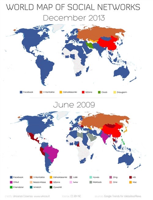 最新社交网络世界地图 世界蓝中国红